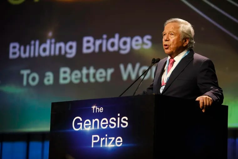 New England Patriots owner Robert Kraft speaks after receiving Genesis Prize in Jerusalem, Thursday, June 20, 2019. Israel honored Kraft with the 2019 Genesis Prize for his philanthropy and commitment to combatting anti-Semitism.