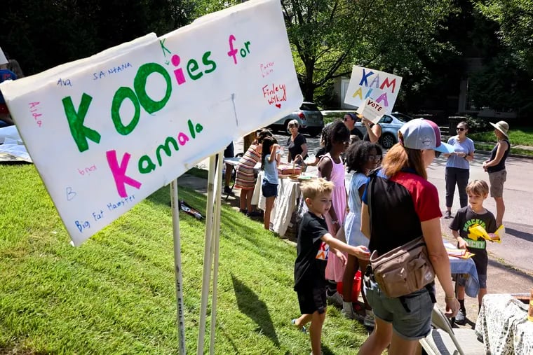 Entrepreneurial (and politically evolved) kids hold a “Kookies for Kamala” cookie bake sale fundraiser for the Kamala Harris/Tim Walz campaign Sunday on a corner in Mount Airy. Their first cookie sale last weekend raised $681.75 in under two hours.