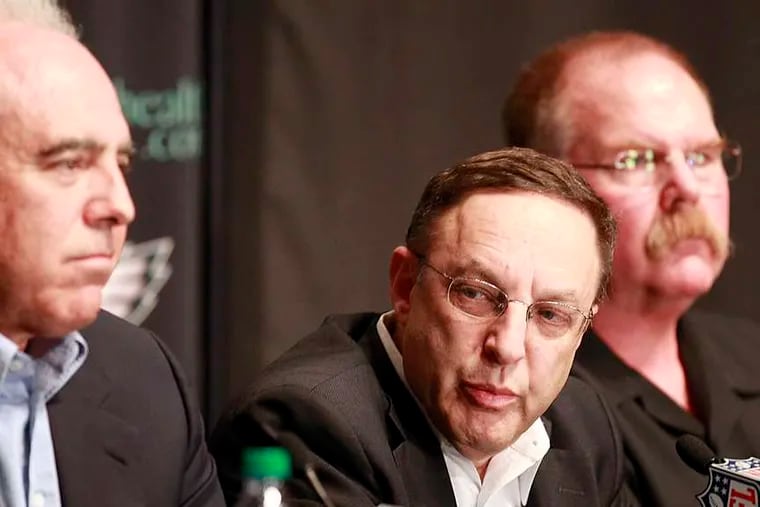 Joe Banner (center) said he would be "completely shocked" if Jeffrey Lurie (left) "blew things up" after the season as the NFL Network's Michael Silver has reported. Former Eagles coach Andy Reid is at right.