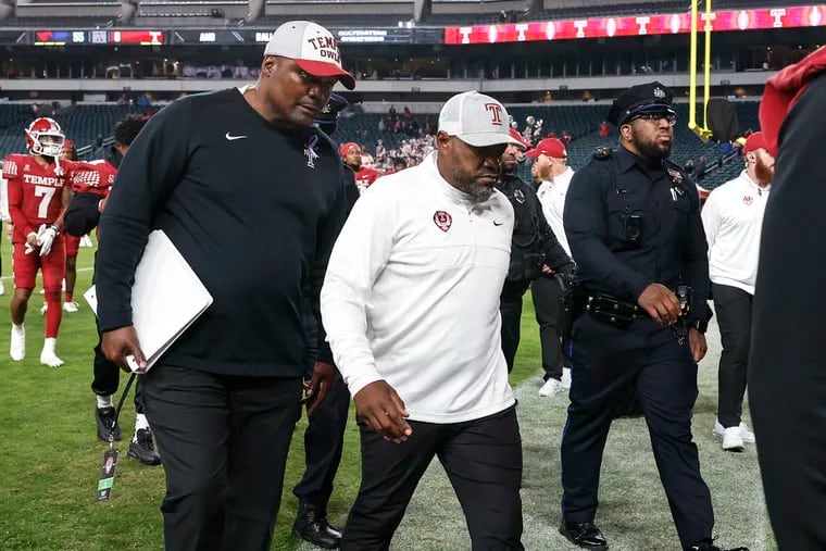 Temple head coach Stan Drayton walks off the field after SMU beat them 55-0 at Lincoln Financial Field, Friday, October 20, 2023.