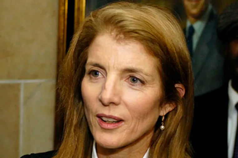Caroline Kennedy talking with reporters in Buffalo duringher upstate tour last week.