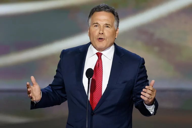 Republican Senate candidate Dave McCormick addresses the Republican National Convention at Fiserv Forum Arena in Milwaukee on Tuesday. On Thursday morning, he addressed the Pennsylvania delegates at a breakfast.