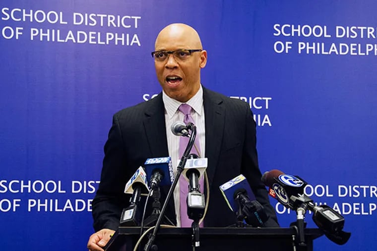 Philadelphia Superintendent Dr. William R. Hite speaks at a press conference to discuss the proposed operating budget for fiscal year 2015 at the School District of Philadelphia's headquarters on April 25, 2014. (RACHEL WISNIEWSKI / Staff Photographer)