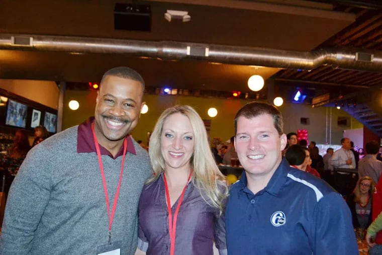 Rick Williams, (left), of 6ABC, Laurie Burklin and Chris Sowers of 6ABC attended the "Get in the Game" 2015 benefit for Philadelphia Futures at the South Bowl in Philadelphia on Thursday, April 23, 2015.                        
 ( For the Inquirer /  Maggie Henry Corcoran )