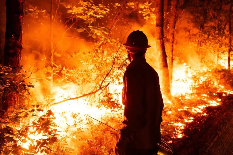 Firefighters work to contain a wildfire in Wharton State Forest near the border of Camden and Burlington Counties in New Jersey on Monday.