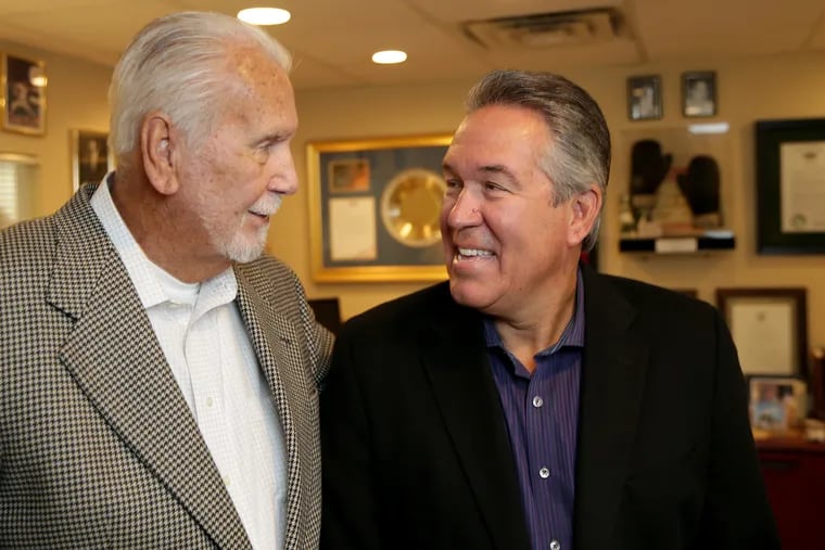 Joe Hand Sr. and Joe Hand Jr. at the Feasterville headquarters of Joe Hand Promotions in September 2019.