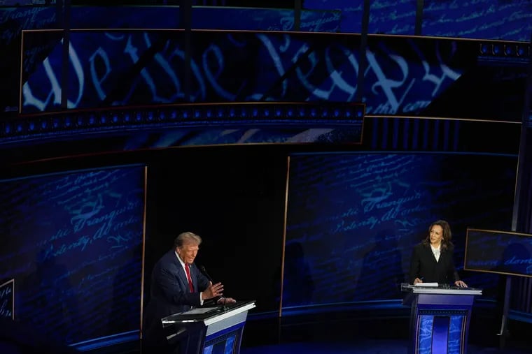 Former President Donald Trump and Vice President Kamala Harris debate at the National Constitution Center in Philadelphia on Sept. 10, 2024.