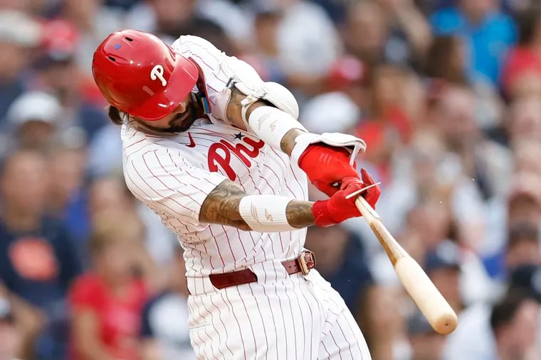 Phillies' Nick Castellanos hits a third inning broken bat single against the New York Yankees on Monday, July 29, 2024 in Philadelphia.