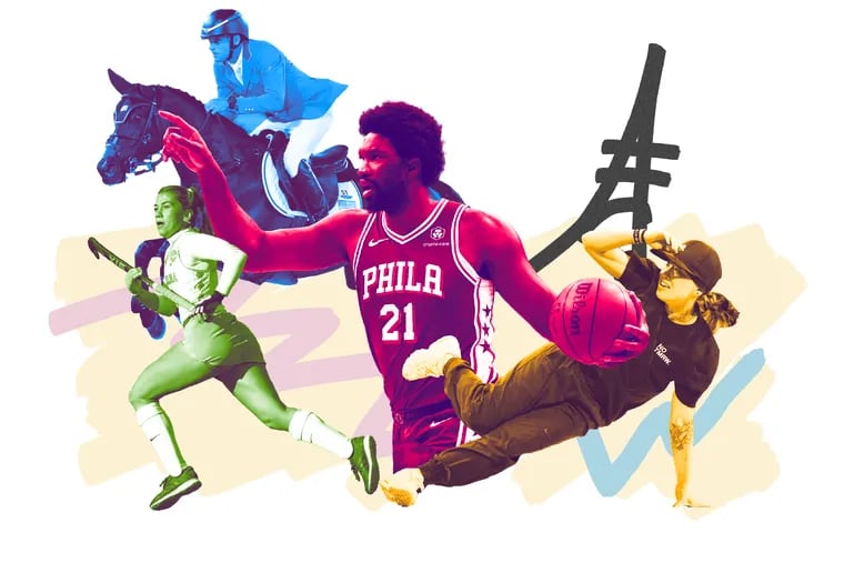 Photo collage of Ashley Sessa, Boyd Martin, Joel Embiid, and Sunny Choi — Philadelphia area athletes competing in the 2024 Summer Olympics in Paris
