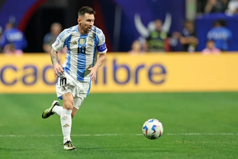Argentina's forward #10 Lionel Messi controls the ball during the Conmebol 2024 Copa America tournament group A football match between Argentina and Canada at Mercedes Benz Stadium in Atlanta, Georgia, on June 20, 2024. (Photo by CHARLY TRIBALLEAU / AFP) (Photo by CHARLY TRIBALLEAU/AFP via Getty Images)