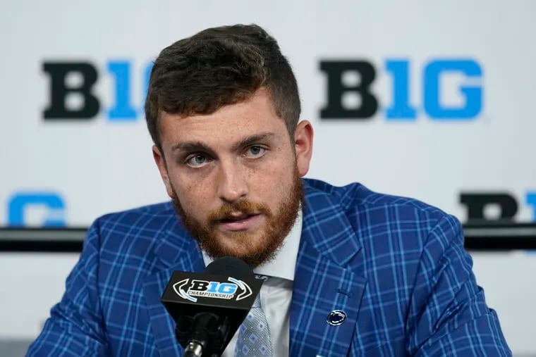 Penn State quarterback Sean Clifford talks to reporters during the Big Ten Conference media days at Lucas Oil Stadium.