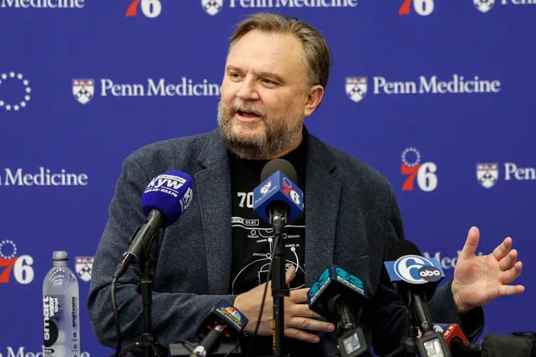 Sixers president Daryl Morey speaks to the media about their No.16 pick Jared McCain from Duke at headquarters in Camden,  Wednesday, June 26, 2024