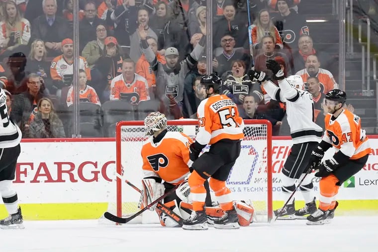 Kings left wing Austin Wagner (left) celebrates a first-period goal against the Flyers last season. The Orange & Black was 7-16-2 at home last year when they gave up the first goal, including this game which they lost in a shootout. They were 12-2-2 when they scored first at the Wells Fargo Center.