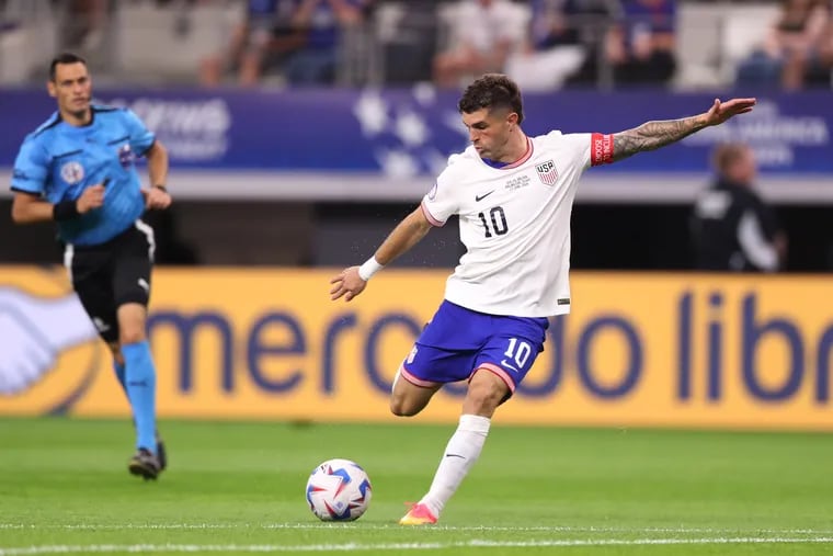 Christian Pulisic of United States kicks the ball during the CONMEBOL Copa America 2024 Group C match between United States and Bolivia at AT&T Stadium on June 23, 2024 in Arlington, Texas. (Photo by Omar Vega/Getty Images)