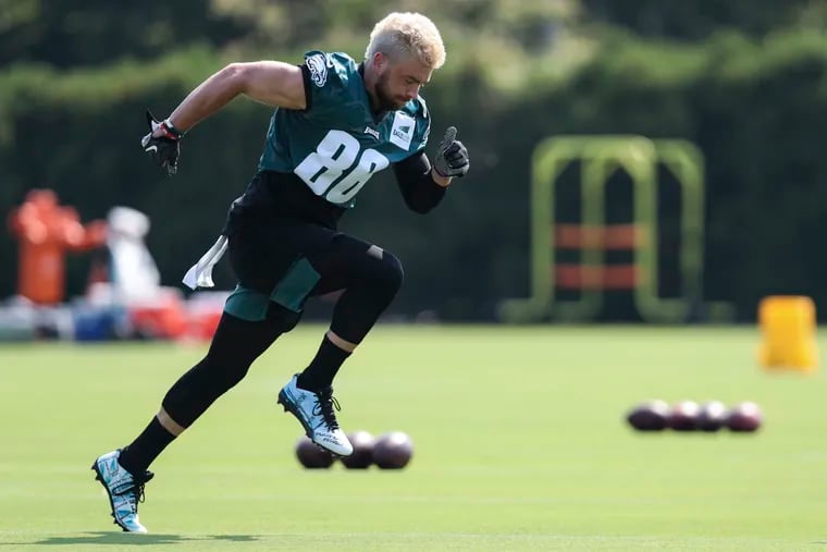Philadelphia Eagles tight end Zach Ertz  runs drills during the first day of training camp at the NovaCare Complex.