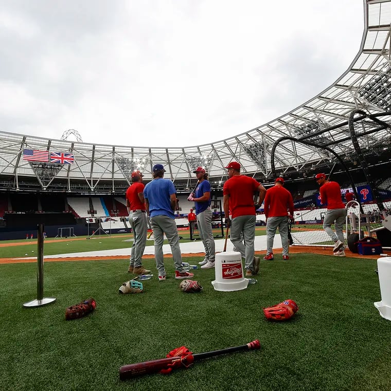 The Phillies take batting practice at London Stadium on Friday.