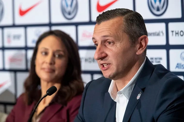 New U.S. women's soccer team coach Vlatko Andonovski (right) with general manager Kate Markgraf (left).