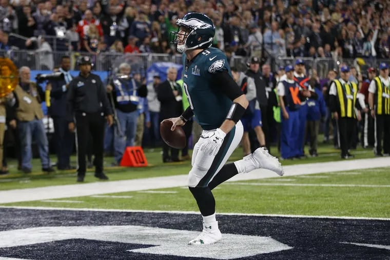 Nick Foles runs untouched into the end zone on the Philly Special play in the Super Bowl LII win over the Patriots.