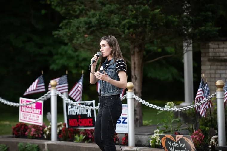 Congressional candidate Ashley Ehasz, speaks at an abortion rights rally in Sellersville on Monday. She is making abortion a key part of her campaign against incumbent U.S. Rep. Brian Fitzpatrick.