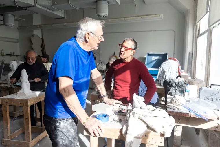 Alan Miller, 79, of Haverford, Pa., retired ENT surgeon, (left), talks with Steven Nocella, of South Philadelphia, Pa., Professor in Sculpture Department at PAFA, at PAFA in Philadelphia, Pa., on Saturday, Feb. 4, 2023.