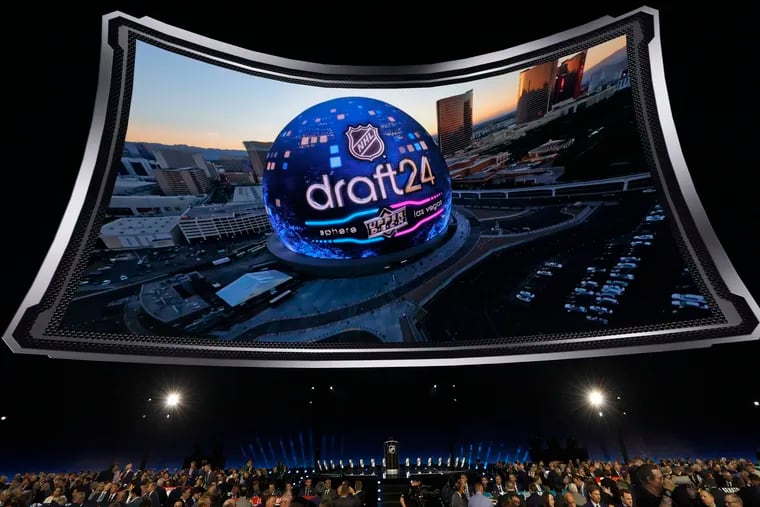 An image of the Sphere is displayed during the first round of the NHL draft on Friday in Las Vegas.