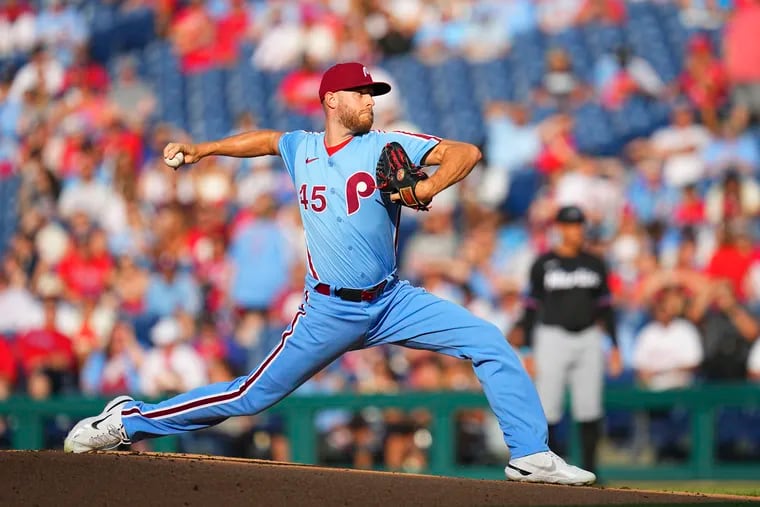 Zack Wheeler #45 of the Philadelphia Phillies pitches in the top of the first inning against the Miami Marlins at Citizens Bank Park on June 27, 2024 in Philadelphia, Pennsylvania. (Photo by Mitchell Leff/Getty Images)