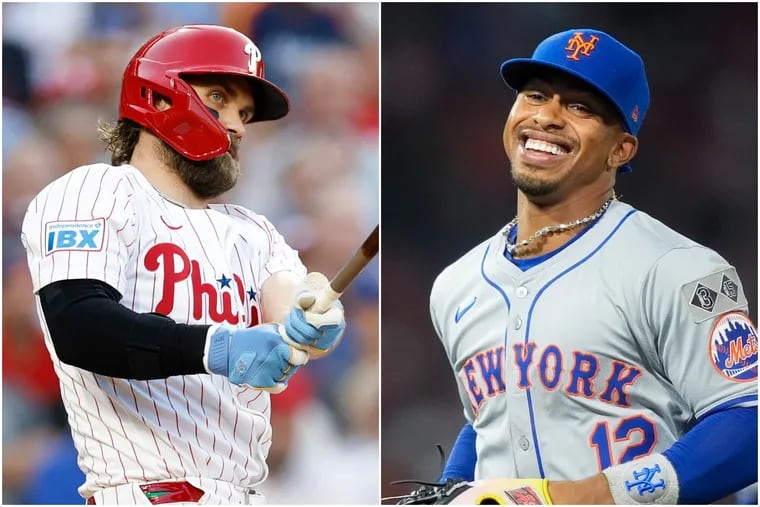 The Phillies' Bryce Harper, left, and the Mets' Francisco Lindor.