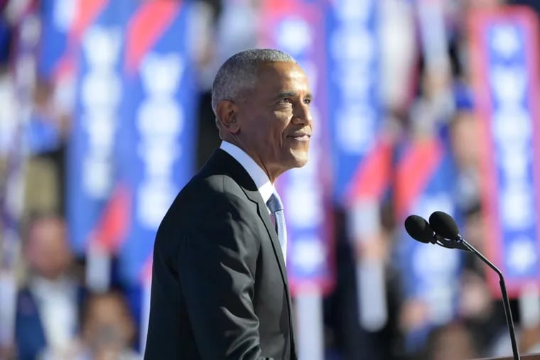 Former President Barack Obama speaks during the Democratic National Convention Tuesday, Aug. 20, 2024, in Chicago.