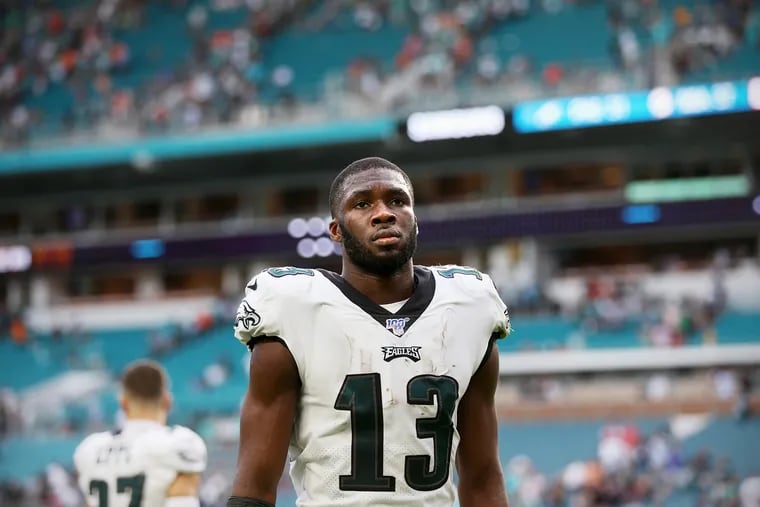 Eagles wide receiver Nelson Agholor (13) leaves the field after a game against the Miami Dolphins on Dec. 1, 2019.