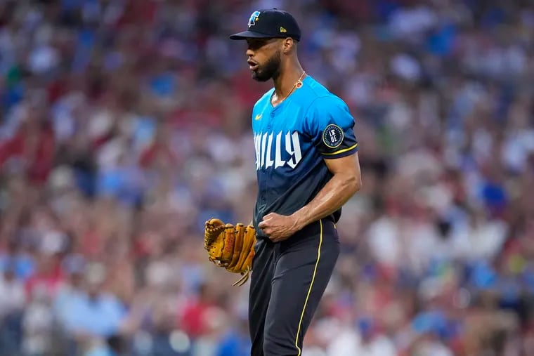 Philadelphia Phillies pitcher Cristopher Sanchez reacts after striking out Miami Marlins' Vidal Brujan during the eighth inning of a baseball game, Friday, June 28, 2024, in Philadelphia. (AP Photo/Matt Slocum)