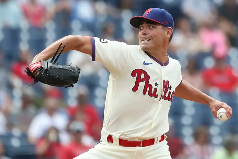Phillies pitcher Matt Moore (48) throws in the first inning of a game against the Cincinnati Reds at Citizens Bank Park in South Philadelphia on Saturday, Aug. 14, 2021.