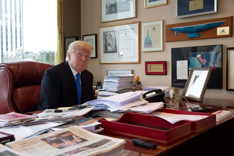 Then-Republican presidential candidate Donald Trump photographed in his office at Trump Tower in New York on May 10, 2016.