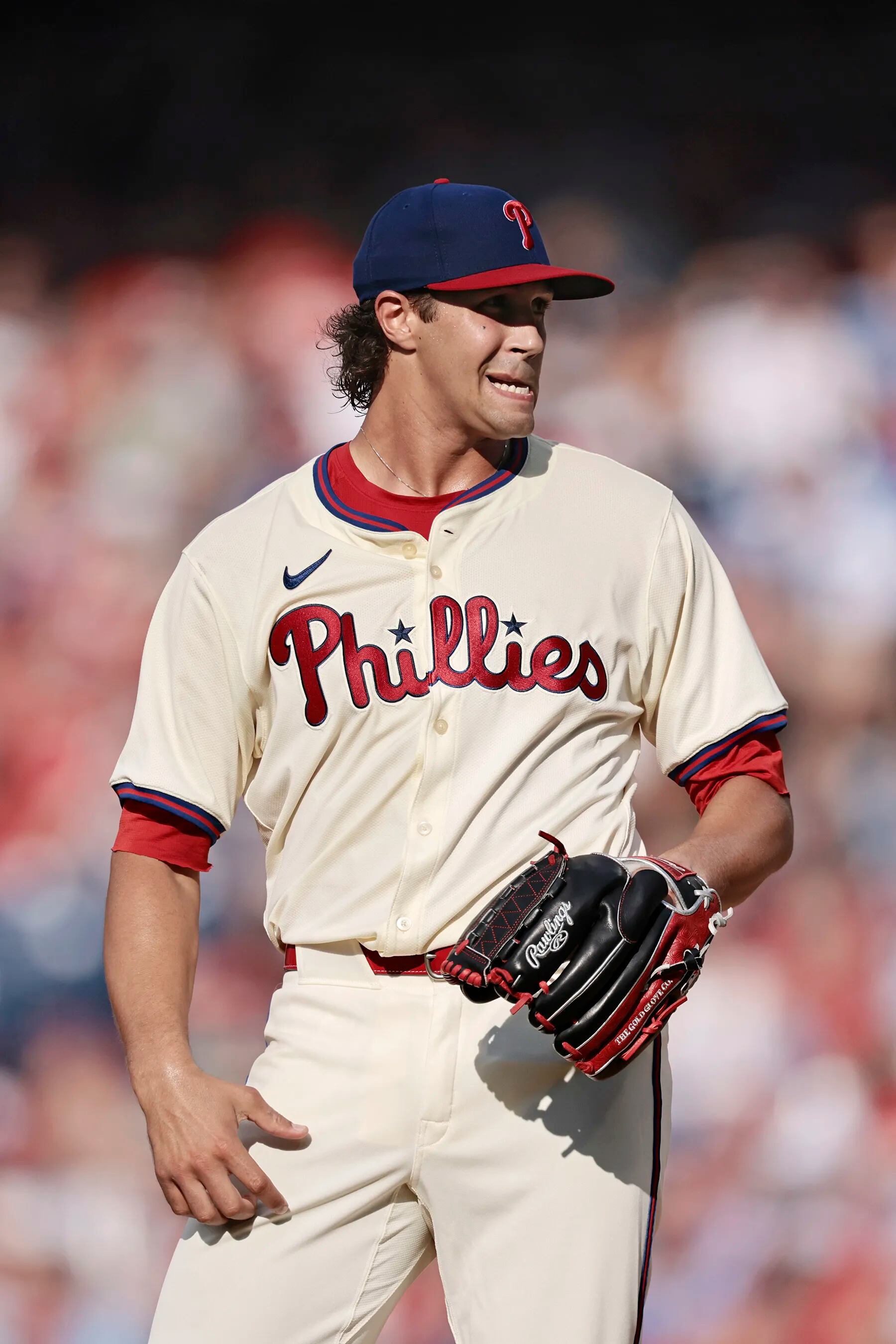 Phillies pitcher Tyler Phillips reacts after giving up a homerun in the seventh inning of the Oakland Athletics vs. Philadelphia Phillies MLB game at Citizens Bank Park in Philadelphia on Saturday, July 13, 2024.